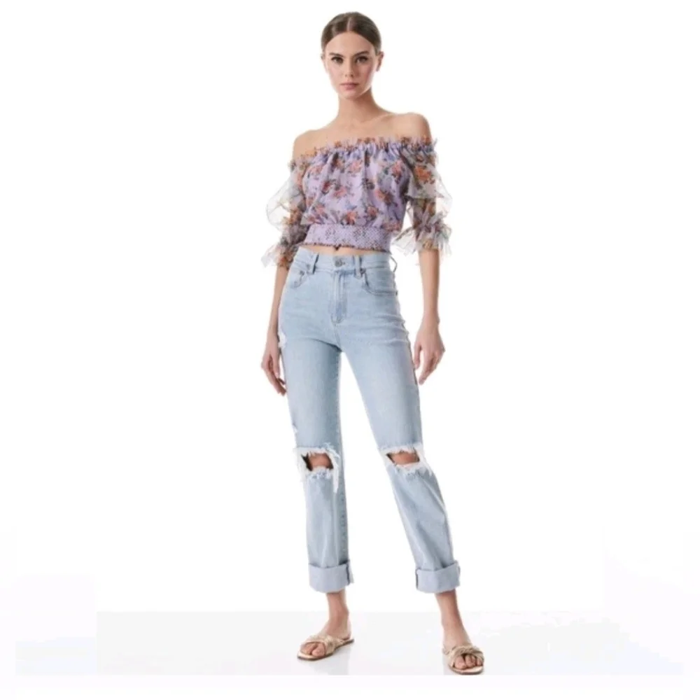 ALICE + OLIVIA Caprina Silk Puff Sleeve Off Shoulder Crop Top Size Small NWOT - Picture 7 of 15
